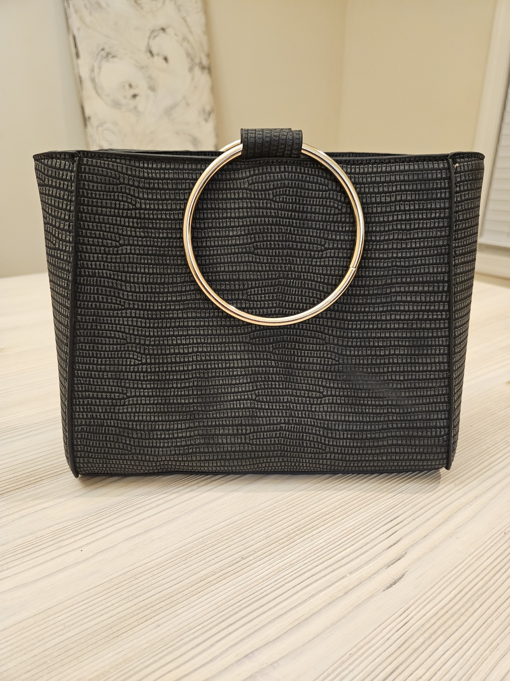 Street Level Black Textured Clutch with Gold Ring Handle